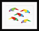 Five parrots pecking birdseed by Anonymous