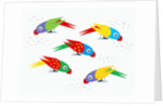 Five parrots pecking birdseed by Anonymous
