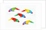 Five parrots pecking birdseed by Anonymous