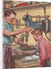 Illustration of Boy Watching Father Use Drill Press by Anonymous