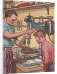 Illustration of Boy Watching Father Use Drill Press by Anonymous