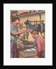 Illustration of Boy Watching Father Use Drill Press by Anonymous