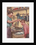 Illustration of Boy Watching Father Use Drill Press by Anonymous