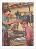 Illustration of Boy Watching Father Use Drill Press by Anonymous