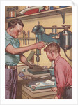 Illustration of Boy Watching Father Use Drill Press by Anonymous