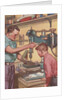 Illustration of Boy Watching Father Use Drill Press by Anonymous