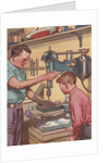 Illustration of Boy Watching Father Use Drill Press by Anonymous