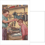 Illustration of Boy Watching Father Use Drill Press by Anonymous