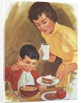 Illustration of Mother Serving Lunch to Son by Anonymous