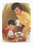 Illustration of Mother Serving Lunch to Son by Anonymous
