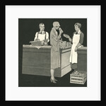Illustration of Woman with Two Grocery Store Clerks by Anonymous