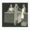 Illustration of Woman with Two Grocery Store Clerks by Anonymous