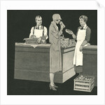 Illustration of Woman with Two Grocery Store Clerks by Anonymous