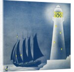 Illustration of Schooner Sailing near Lighthouse by Anonymous