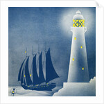 Illustration of Schooner Sailing near Lighthouse by Anonymous
