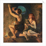 Illustration of Caveman Chiselling in Cave Wall by Walter Haskell Hinton