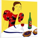 Woman Sitting at a Table with a Bottle of Wine by Anonymous