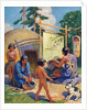 Illustration of Native Americans weaving and making pottery by Arnold Lorne Hicks