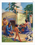 Illustration of Native Americans weaving and making pottery by Arnold Lorne Hicks