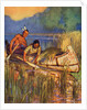 Illustration of Native Americans harvesting wild rice by Arnold Lorne Hicks
