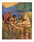 Illustration of Native Americans harvesting wild rice by Arnold Lorne Hicks