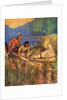 Illustration of Native Americans harvesting wild rice by Arnold Lorne Hicks