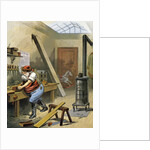 Illustration of Santa Claus making toys at his North Pole workshop by William Roger Snow