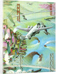 Illustration of airplane flying over San Francisco Bay by C.H. DeWitt