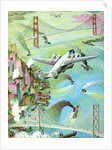 Illustration of airplane flying over San Francisco Bay by C.H. DeWitt
