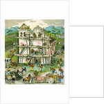 Illustration of building of first Spanish mission in California by C.H. DeWitt