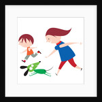 A Mother and Son Running with a Dog by Anonymous