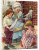 Illustration of children helping grandmother spin wool by Clara M. Burd