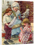 Illustration of children helping grandmother spin wool by Clara M. Burd