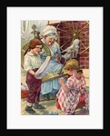 Illustration of children helping grandmother spin wool by Clara M. Burd