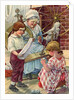 Illustration of children helping grandmother spin wool by Clara M. Burd