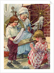 Illustration of children helping grandmother spin wool by Clara M. Burd