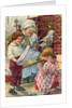 Illustration of children helping grandmother spin wool by Clara M. Burd