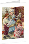 Illustration of children helping grandmother spin wool by Clara M. Burd
