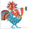 Sun riding chicken and playing horn by Anonymous