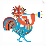 Sun riding chicken and playing horn by Anonymous