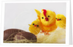 Toy chickens looking at chocolate eggs by Anonymous