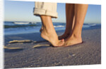 Feet of couple hugging on beach by Anonymous