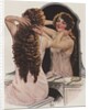 Brunette fixing hair in mirror by Anonymous