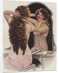 Brunette fixing hair in mirror by Anonymous