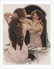 Brunette fixing hair in mirror by Anonymous