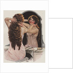 Brunette fixing hair in mirror by Anonymous