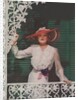 Woman with picture hat on front porch by Anonymous