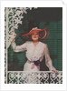 Woman with picture hat on front porch by Anonymous