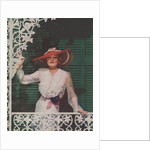 Woman with picture hat on front porch by Anonymous