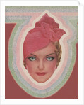 Blue-eyed woman with pink turban style hat by Anonymous